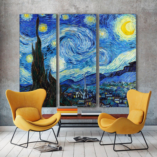 Interieur met akoestisch drieluik Sterrennacht van Gogh