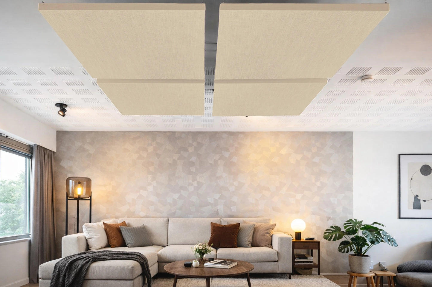 Naturel linnen akoestisch plafondpaneel in woonkamer