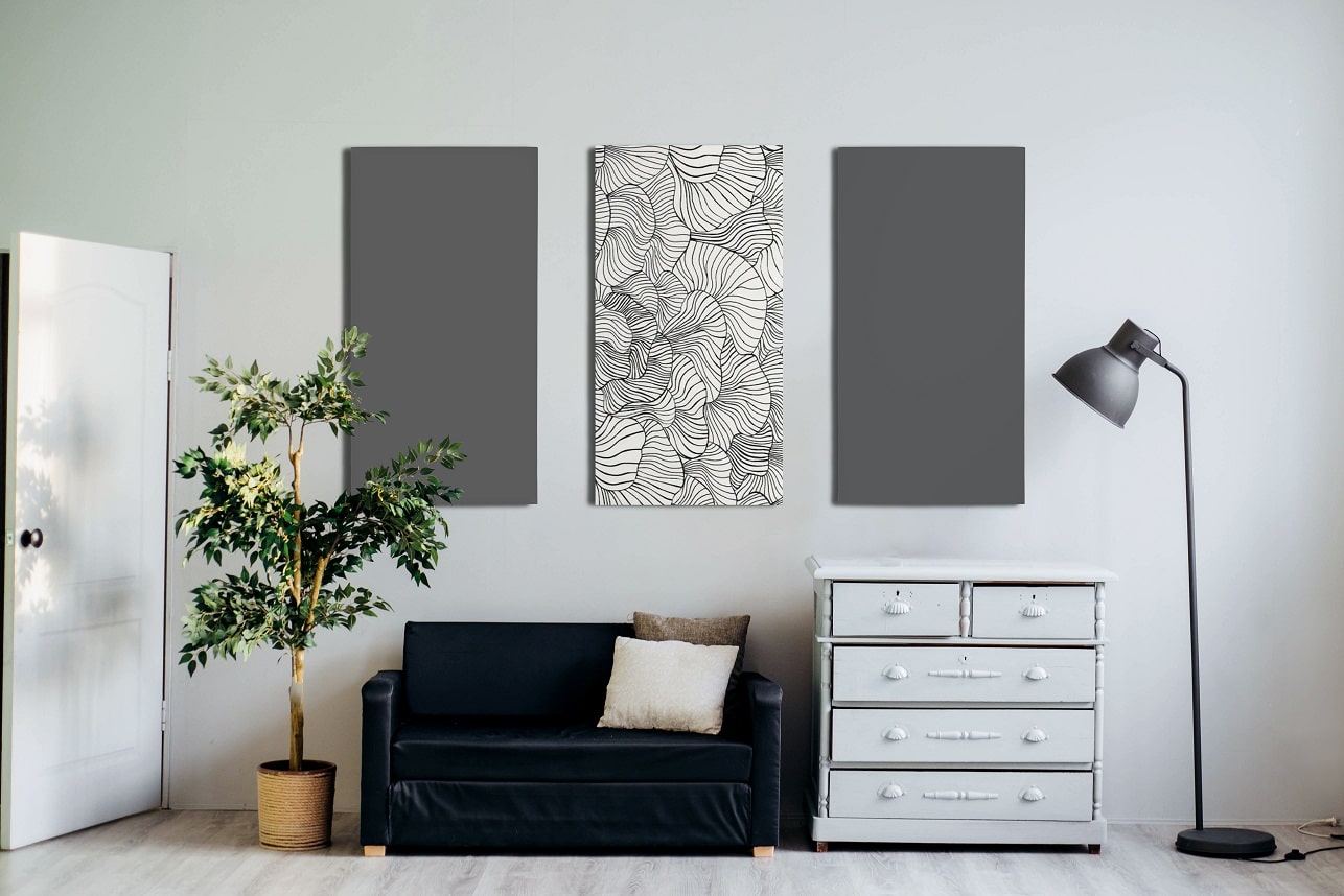 Design akoestische wandpanelen boven bank