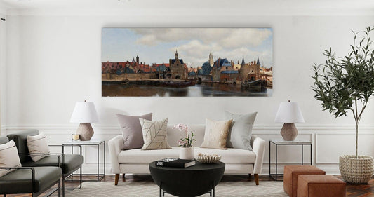 Akoestisch kunstpaneel Gezicht op Delft van Vermeer in interieur